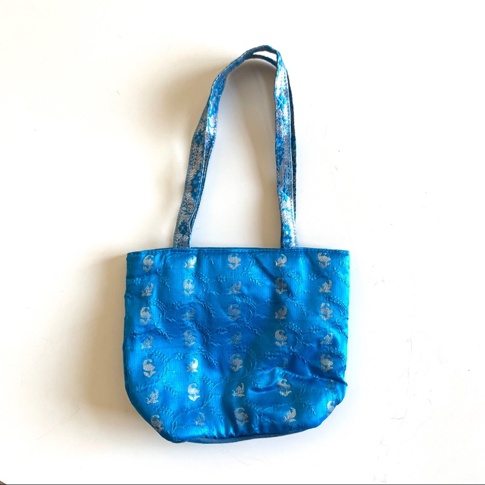 Nepalese silk purse with handle Bright blue & gold Metallic embroidery